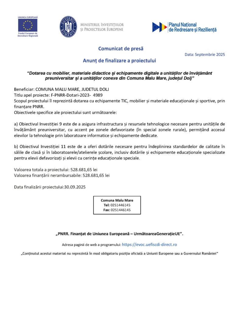 Dotarea cu mobilier, materiale didactice și echipamente digitale a unităților de învățământ preuniversitar și a unităților conexe din Comuna Malu Mare, județul Dolj
