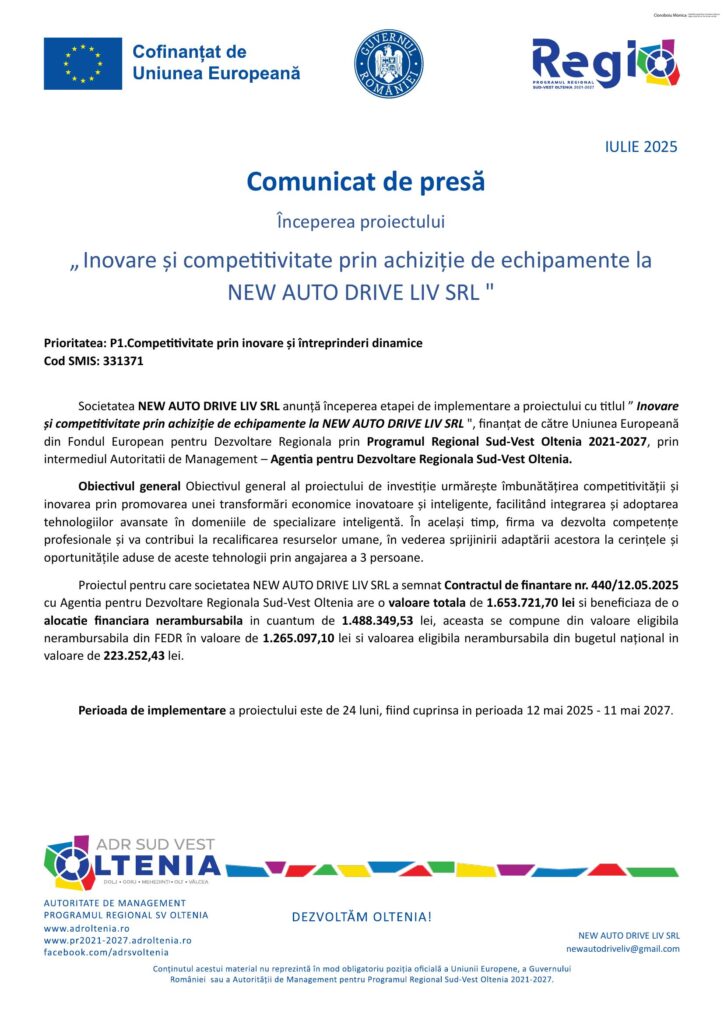 Începerea proiectului „Inovare și competitivitate prin achiziție de echipamente la NEW AUTO DRIVE LIV SRL”
