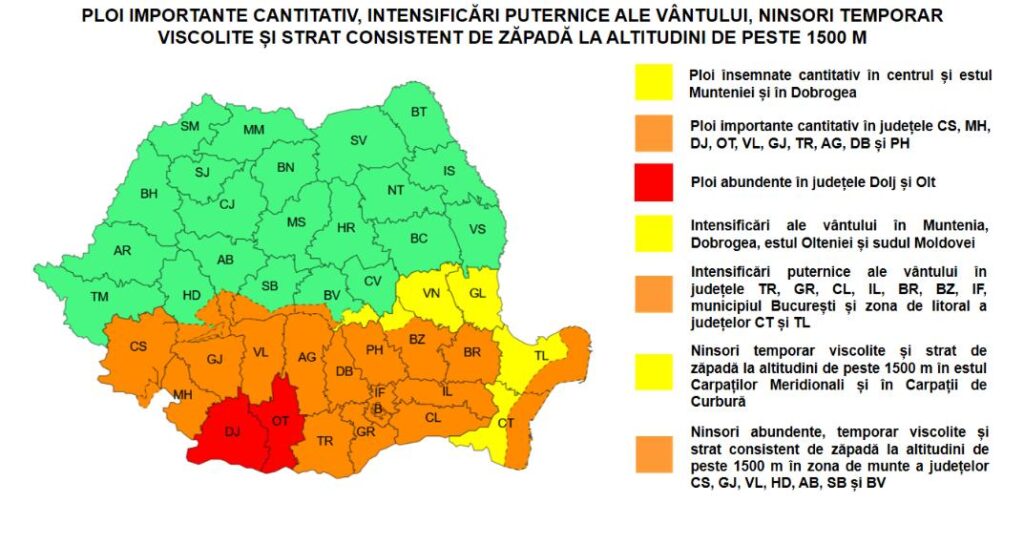 Coduri meteo: vreme deosebit de rece, ploi importante și ninsori la altitudini mari (2–4 octombrie)