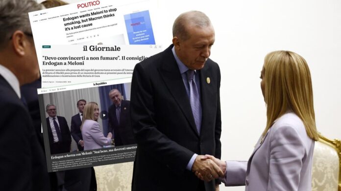 În marja unui summit de pace din Egipt, menit să pună capăt războiului din Gaza, Recep Tayyip Erdoğan i-a promis Giorgiei Meloni că va găsi o modalitate de a o convinge să se lase de fumat