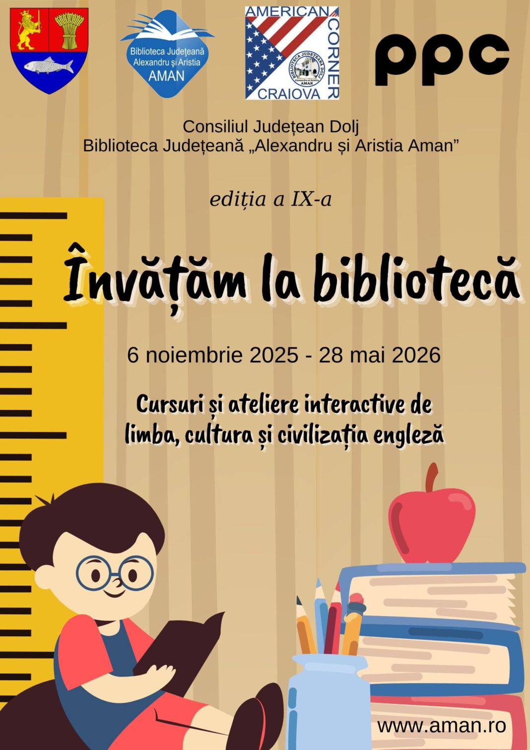 afis Invatam la biblioteca 2025-2026 Craiova: Cursuri și ateliere interactive „Aman“