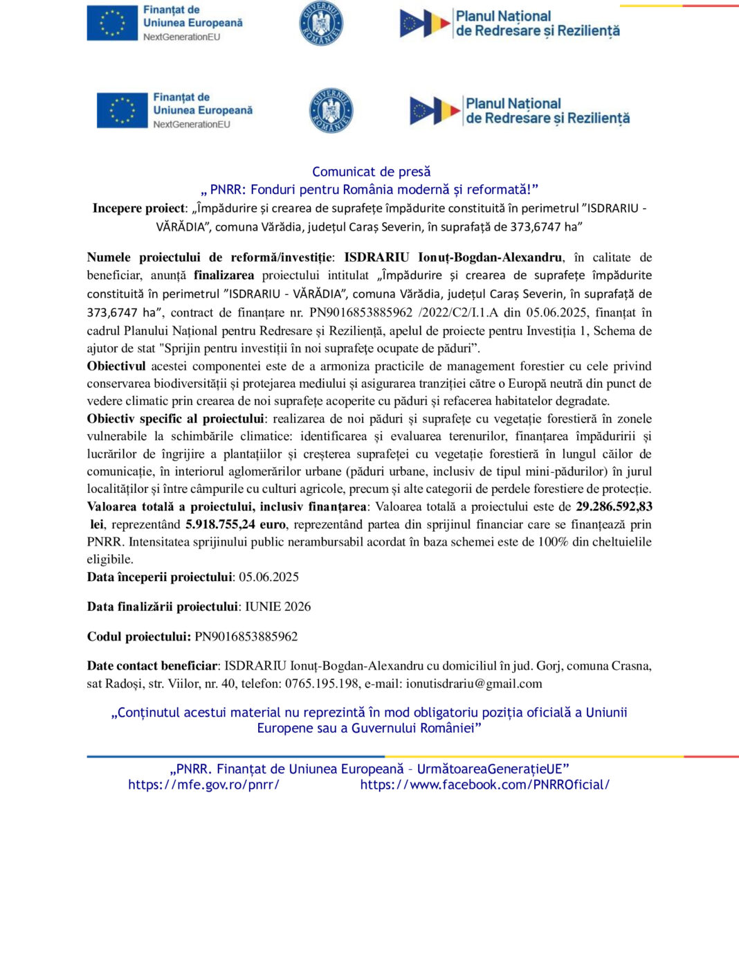 „Împădurire și crearea de suprafețe împădurite constituită în perimetrul ”ISDRARIU - VĂRĂDIA”
