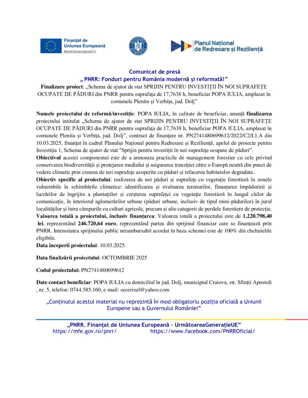 Numele proiectului de reformă/investiție: POPA IULIA, în calitate de beneficiar, anunță finalizarea proiectului intitulat