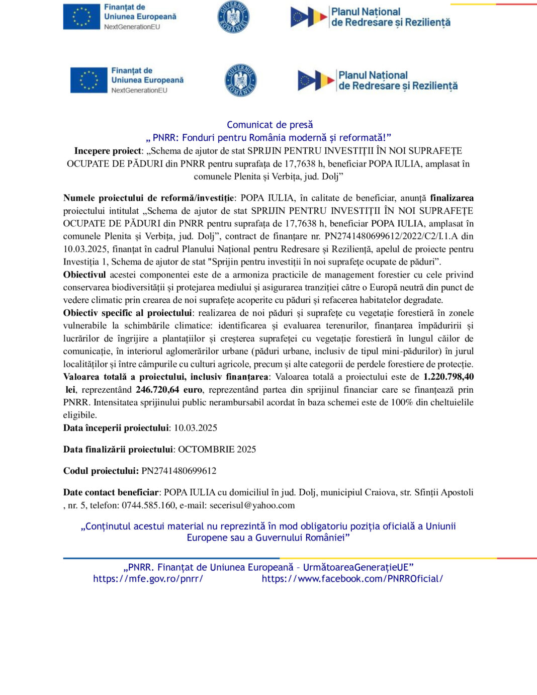 Incepere proiect: „Schema de ajutor de stat SPRIJIN PENTRU INVESTIȚII ÎN NOI SUPRAFEȚE OCUPATE DE PĂDURI din PNRR
