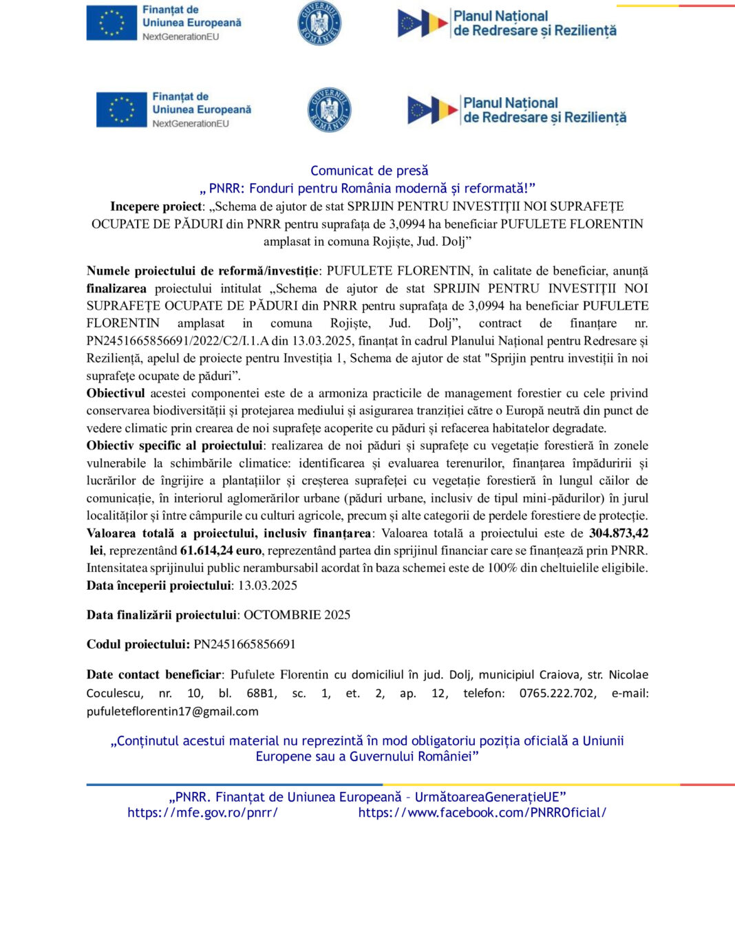Schema de ajutor de stat SPRIJIN PENTRU INVESTIȚII NOI SUPRAFEȚE OCUPATE DE PĂDURI din PNRR