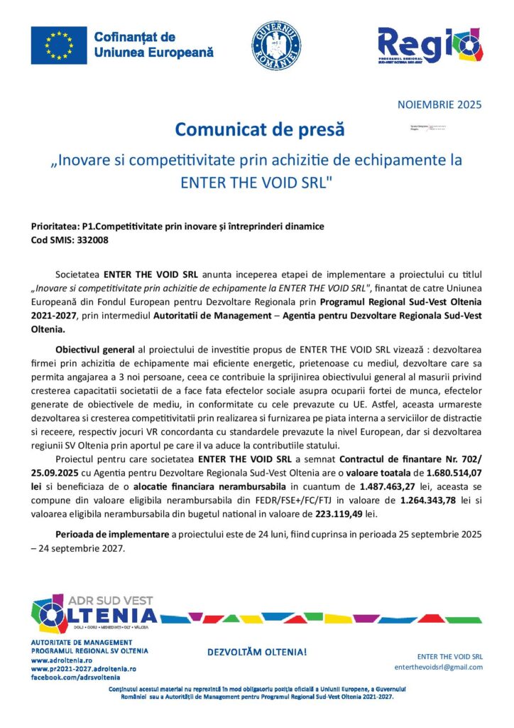Inovare si competitivitate prin achizitie de echipamente la ENTER THE VOID SRL