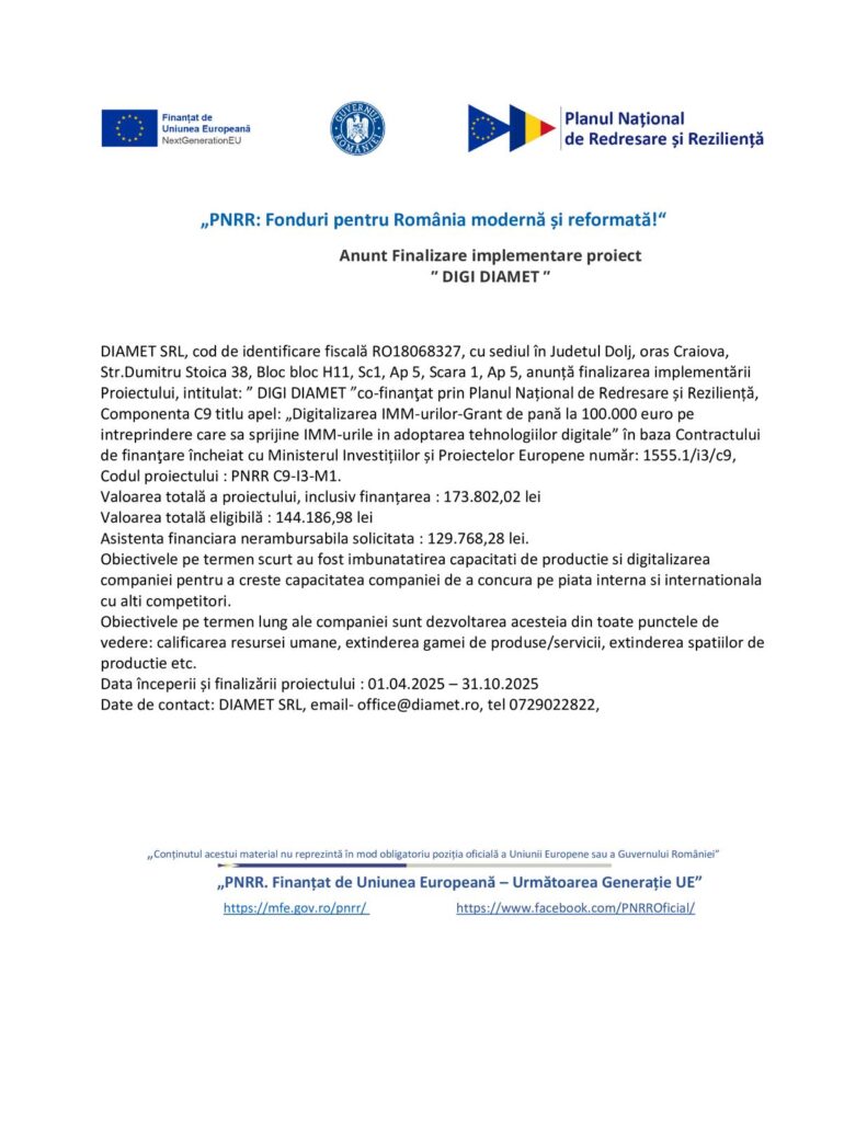 Anunț Finalizare implementare proiect DIGI DIAMET