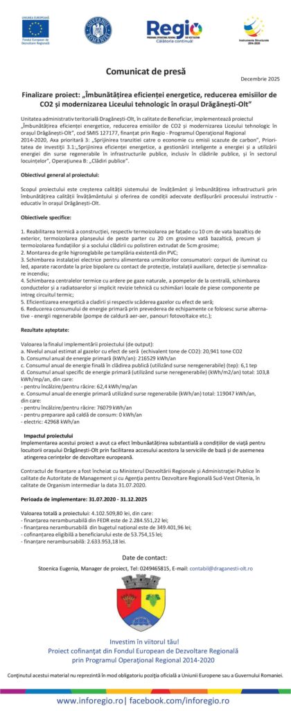 Finalizare proiect: „Îmbunătățirea eficienței energetice, reducerea emisiilor de CO2 și modernizarea Liceului tehnologic în orașul Drăgănești-Olt”
