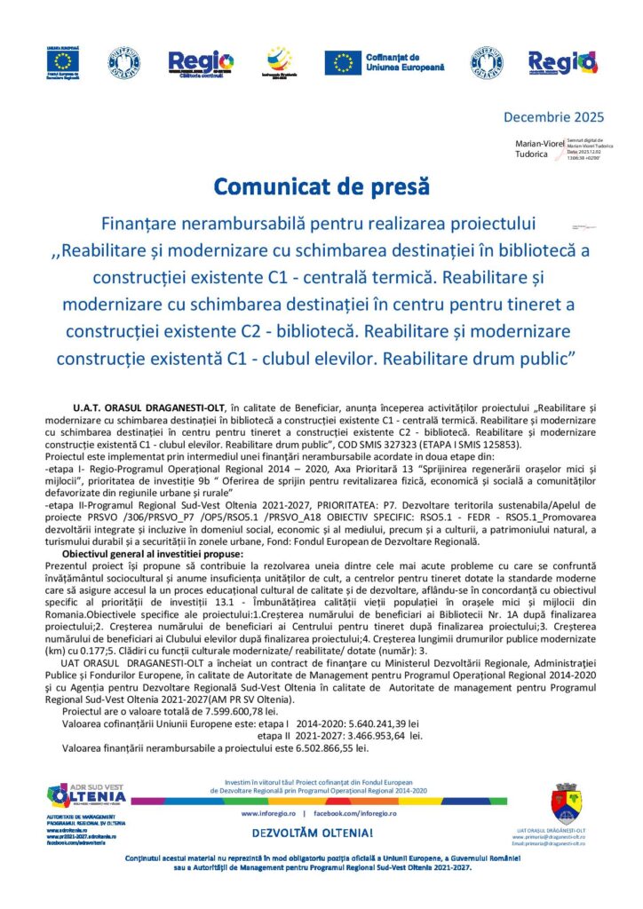 Finanțare nerambursabilă pentru realizarea proiectului ,,Reabilitare și modernizare cu schimbarea destinației în bibliotecă a construcției existente C1 – centrală termică“