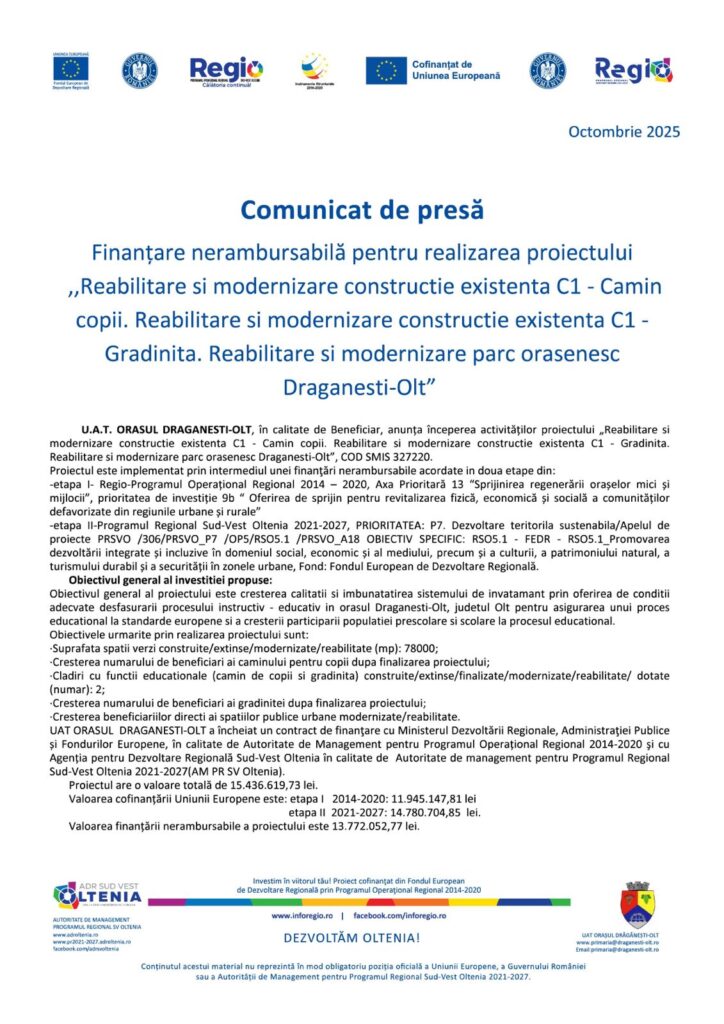 Finanţare nerambursabilă pentru realizarea proiectului ,,Reabilitare şi modernizare construcţie existenţă Cl – Cămin copii“