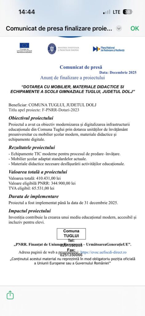 Anunț de finalizare a Proiectului „Dotarea cu mobilier, materiale didactice și echipamente a Școlii Gimnaziale Țuglui, județul Dolj“