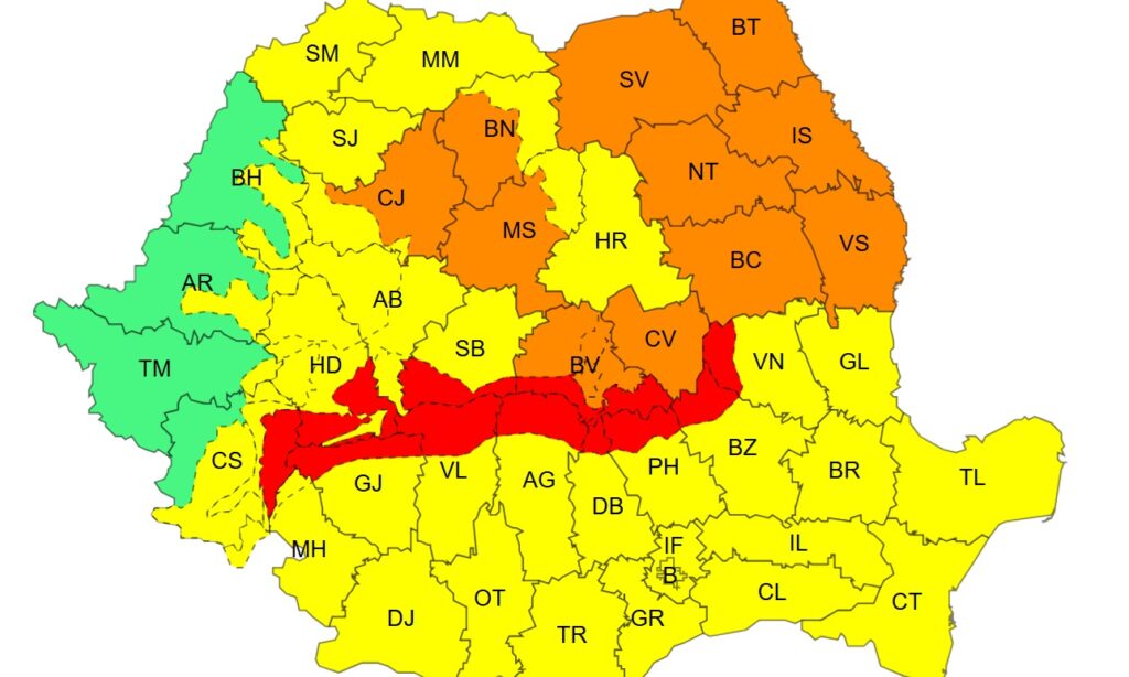 Furtună puternică în România: coduri galben, portocaliu și roșu de vânt și ninsoare