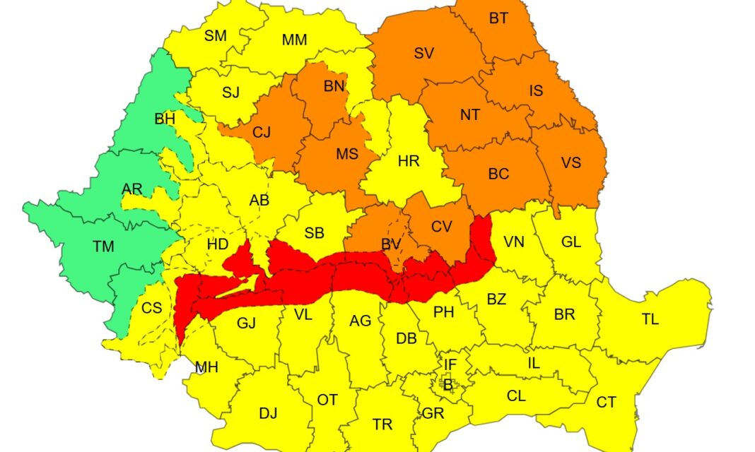 Autoritățile avertizează asupra vizibilității reduse și a rafalelor de peste 120 km/h în zonele montane