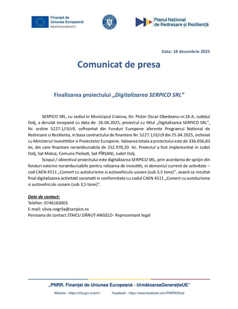 Finalizarea proiectului „Digitalizarea SERPICO SRL”