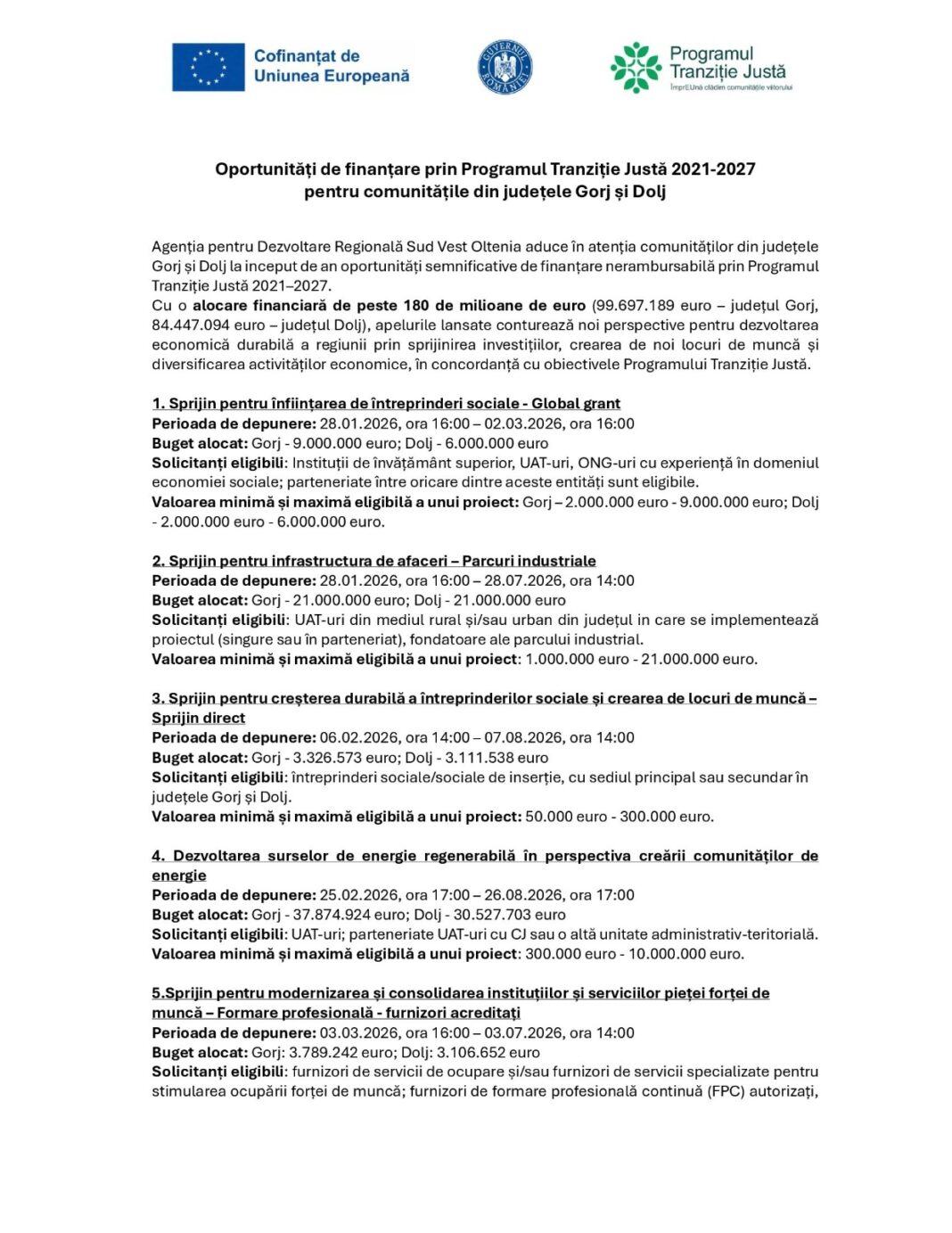 Oportunități de finanțare prin Programul Tranziție Justă 2021-2027 pentru comunitățile din județele Gorj și Dolj