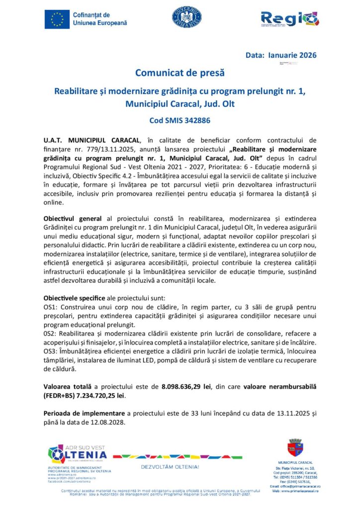 Reabilitare și modernizare grădinița cu program prelungit nr. 1, Municipiul Caracal, Jud. Olt
