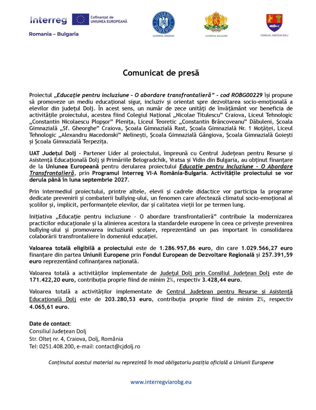 Proiectul „Educație pentru incluziune – O abordare transfrontalieră” își propune să promoveze un mediu educațional sigur