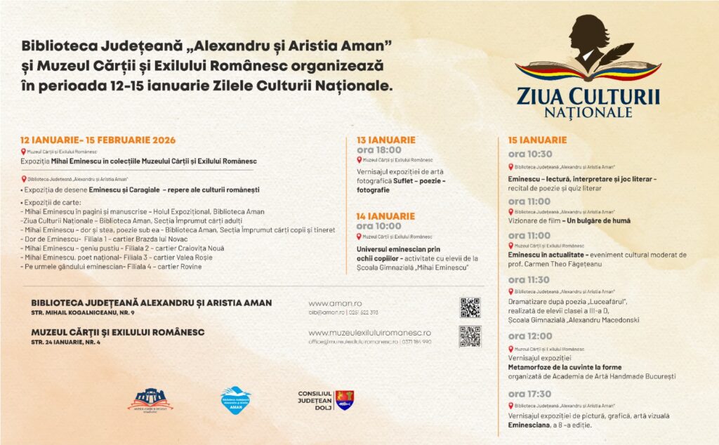 Ziua Culturii Naționale, sărbătorită la Craiova prin expoziții și evenimente eminesciene