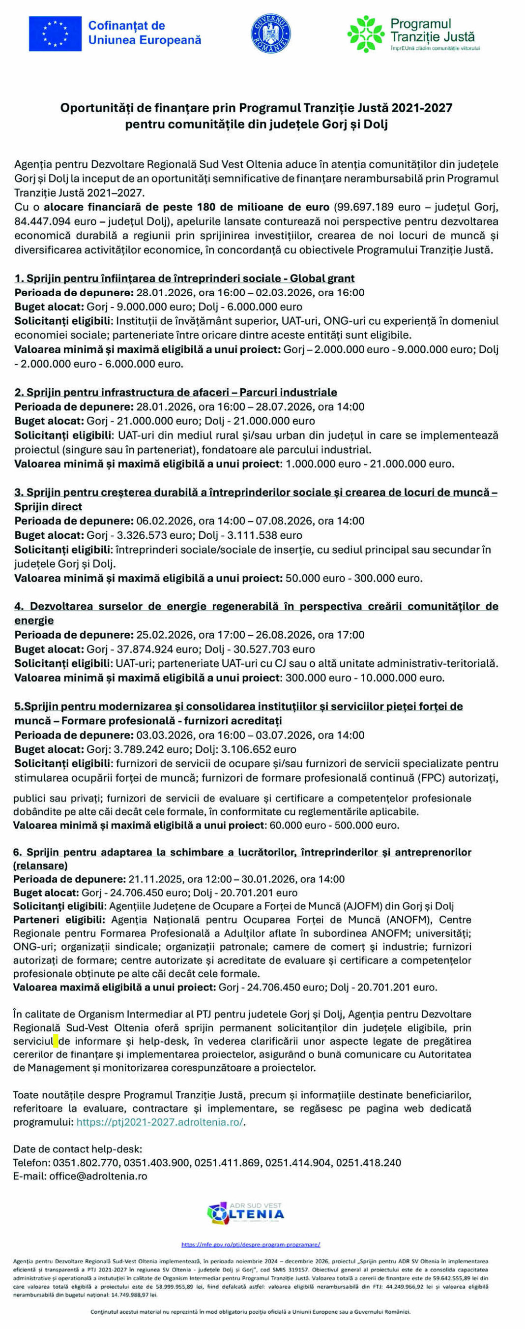 Oportunități de finanțare prin Programul Tranziție Justă 2021-2027 pentru comunitățile din județele Gorj și Dolj