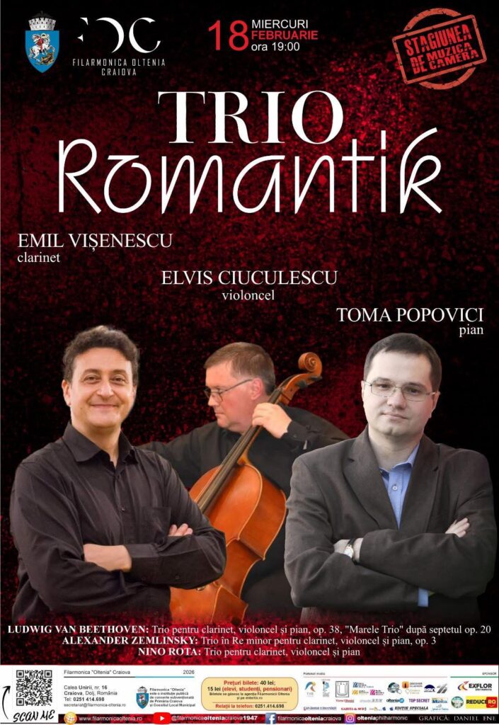 TRIO ROMANTIK la Filarmonica „Oltenia” Craiova – o seară de muzică de cameră între clasicism și modernitate