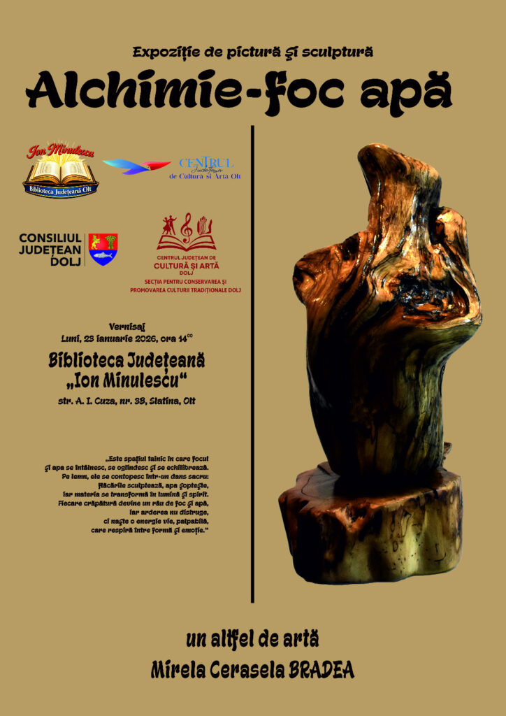 Biblioteca Județeană Olt găzduiește expoziția „Alchimie – foc apă" semnată Mirela Cerasela Bradea, luni 23 februarie, ora 14:00.