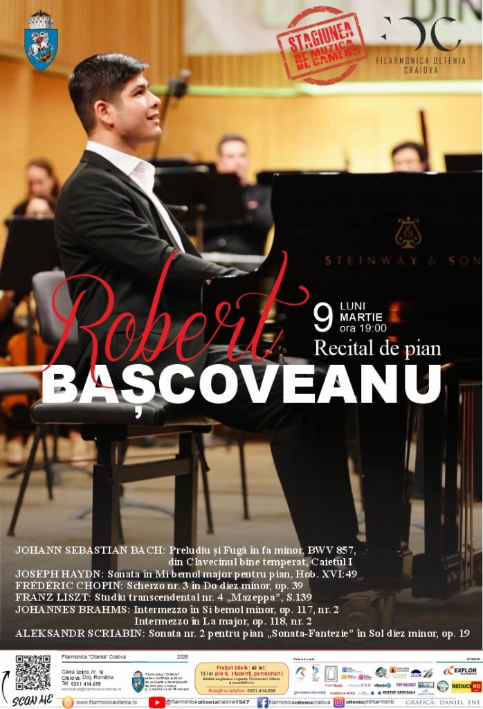 Recital de excepție la Filarmonica „Oltenia” Craiova: Robert Bașcoveanu la pian