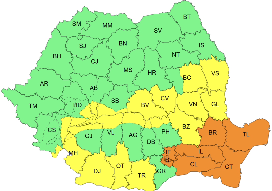 Alertele meteo au fost prelungite. Zonele care rămân sub avertizare meteo de cod portocaliu