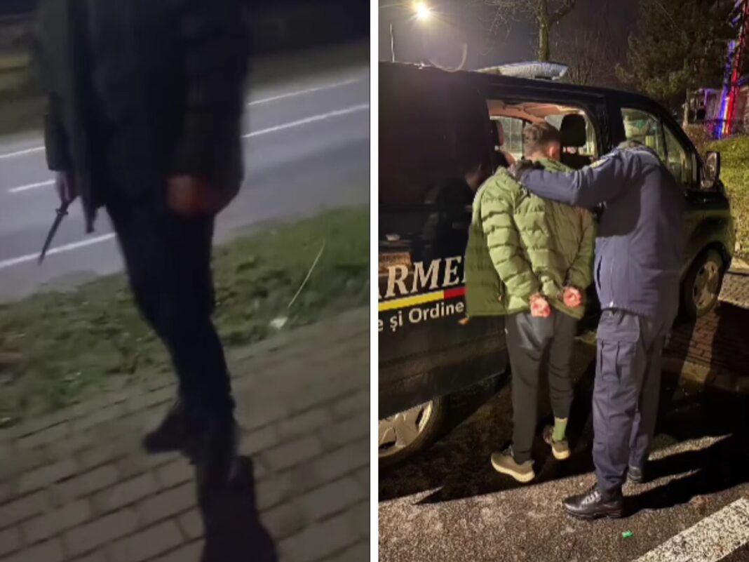 Un tânăr care își amenința colegii cu un cuțit în fața unui internat, imobilizat de jandarmi