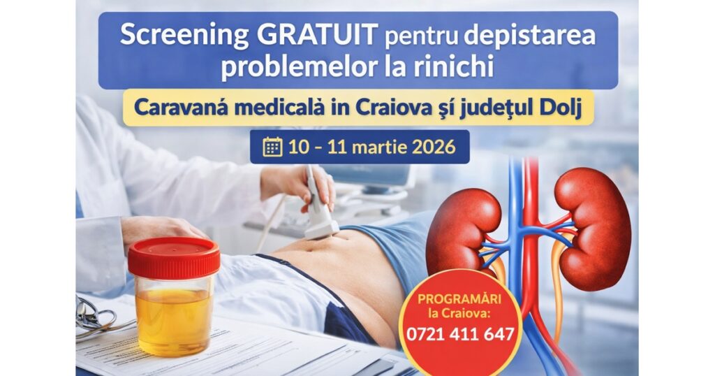 Înscrierea la Caravana screening pentru litiaza renală Craiova se face la numărul 0724. 411.647
