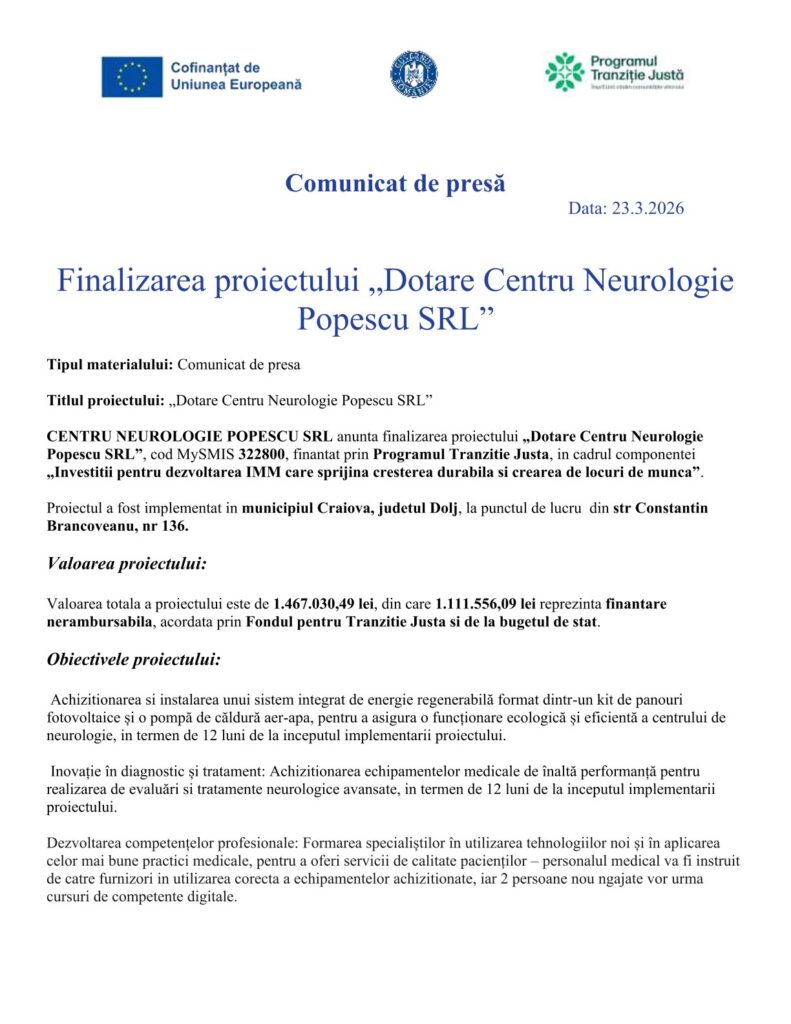 Finalizarea proiectului „Dotare Centru Neurologie Popescu SRL”