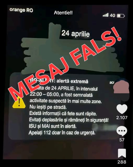 MAI: Mesaj fals RO-ALERT pe rețelele de socializare, cu scopul de a crea panică populației