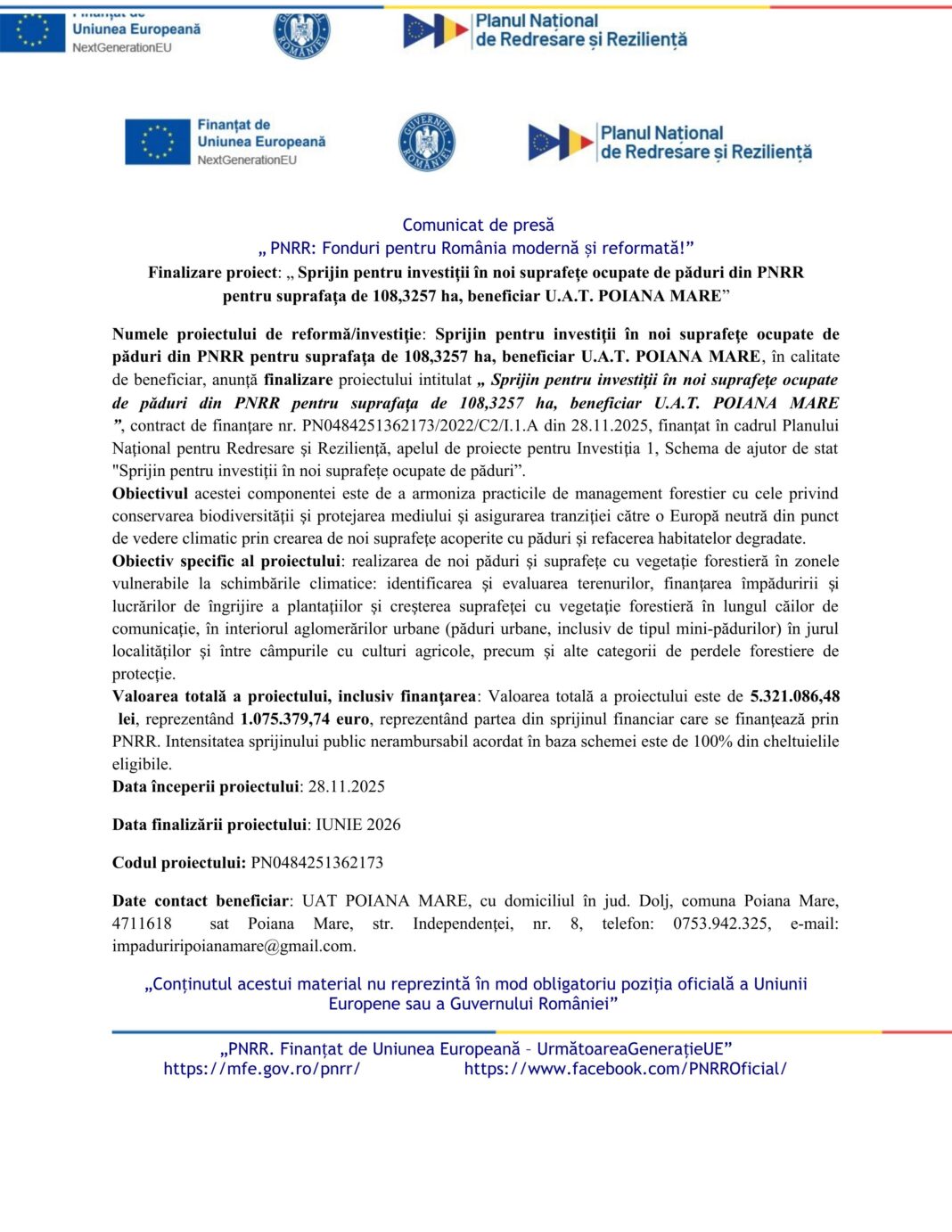 Finalizare proiect: „ Sprijin pentru investiții în noi suprafețe ocupate de păduri din PNRR pentru suprafața de 108,3257 ha, beneficiar U.A.T. POIANA MARE”