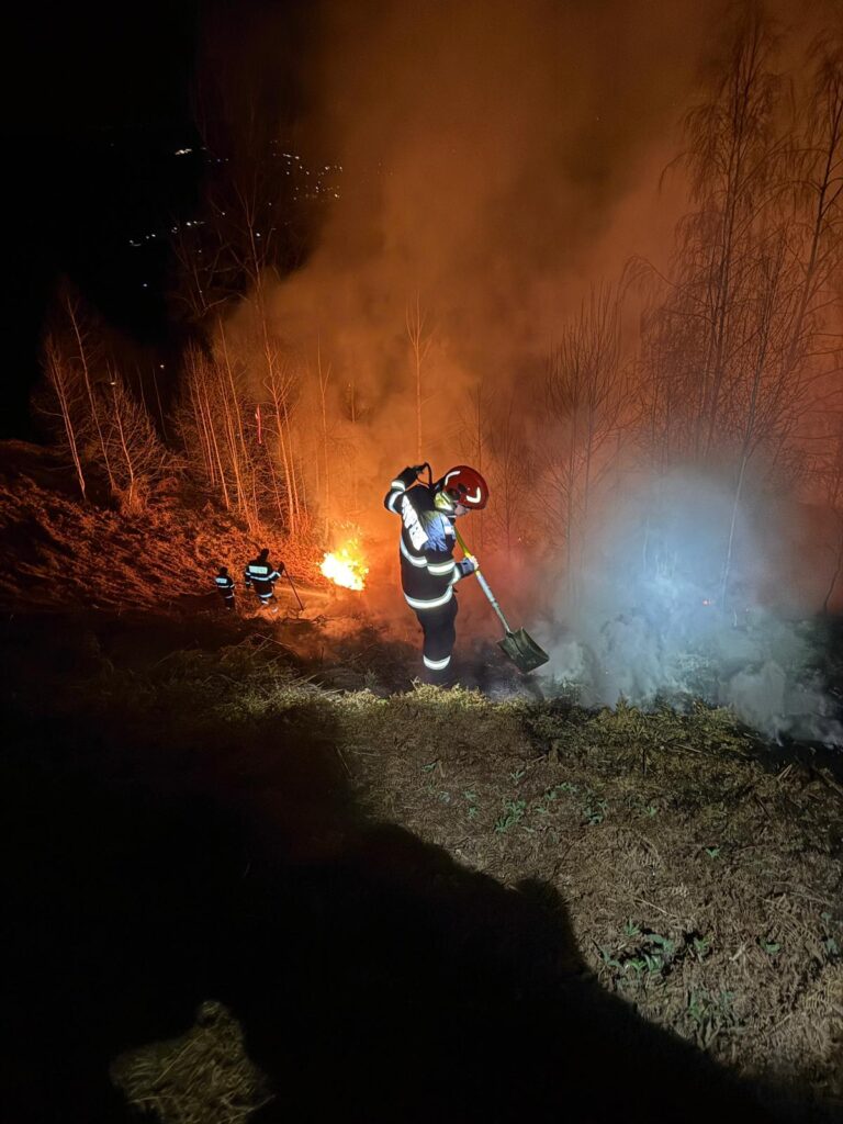 (VIDEO) Vâlcea: Incendiu de vegetație în Vaideeni: pompierii au intervenit toată noaptea pentru a opri extinderea focului spre pădure
