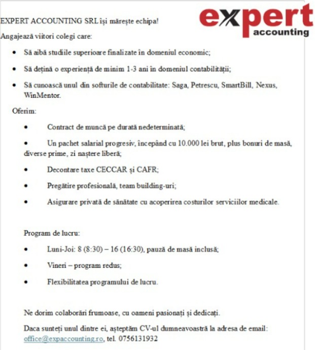 EXPERT ACCOUNTING SRL își mărește echipa!