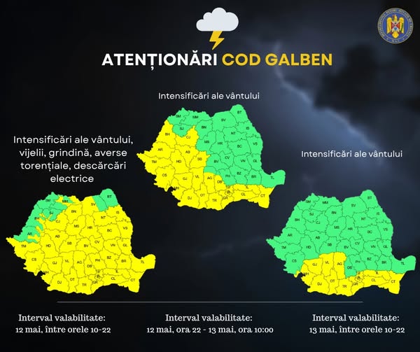 Trei coduri galbene de vreme severă în România: vijelii, grindină și ploi torențiale în mai multe regiuni