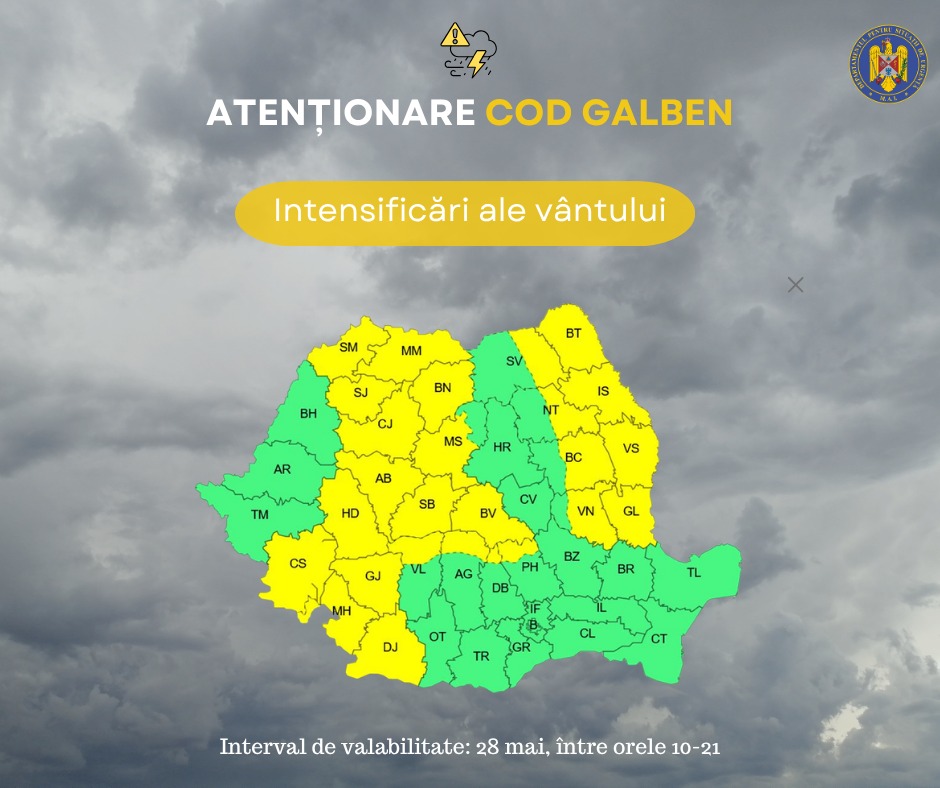 Cod galben de vânt puternic în mai multe regiuni din țară! Rafale de până la 90 km/h la munte