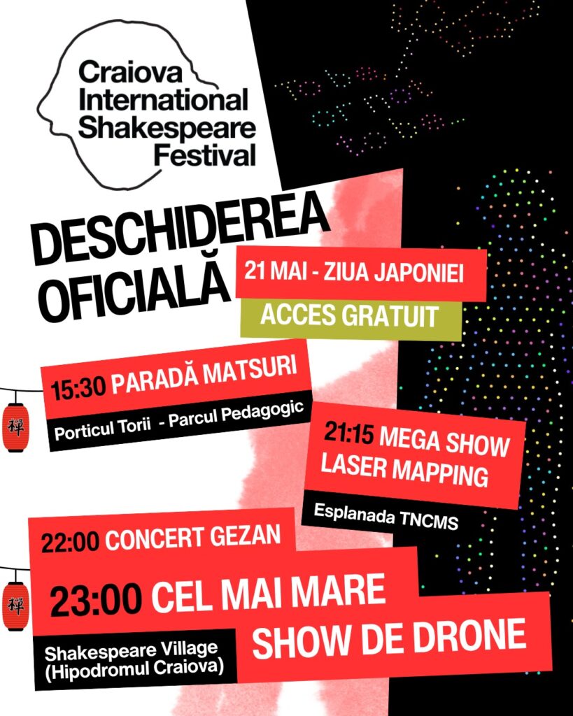 Începe Festivalul Internațional Shakespeare Craiova 2026! Evenimente dedicate Japoniei și acces gratuit la show-ul cu peste 450 de drone