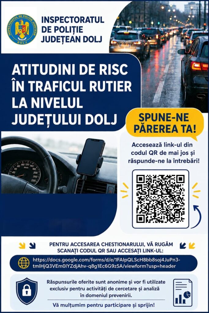 IPJ Dolj cere ajutorul șoferilor: chestionar online pentru creșterea siguranței rutiere