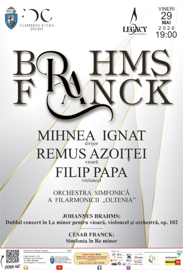 Dublul concert de Brahms, cu Remus Azoiței și Filip Papa, pe scena Filarmonicii „Oltenia” Craiova