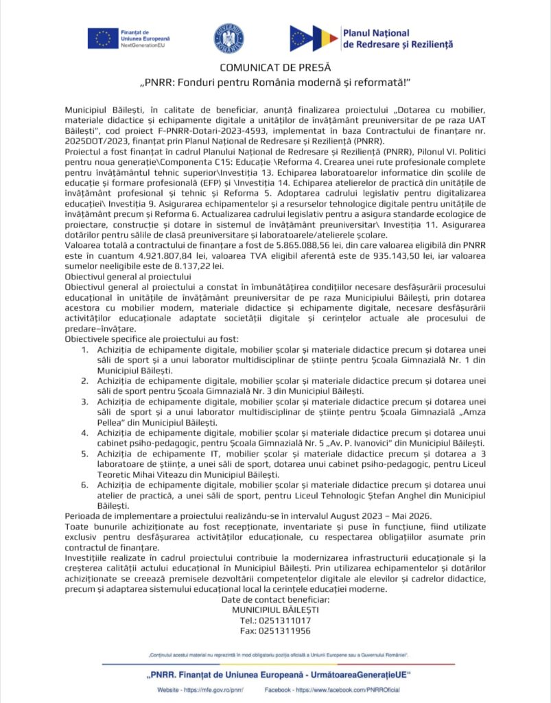 Comunicat de presă „PNRR: Fonduri pentru România modernă și reformată!”