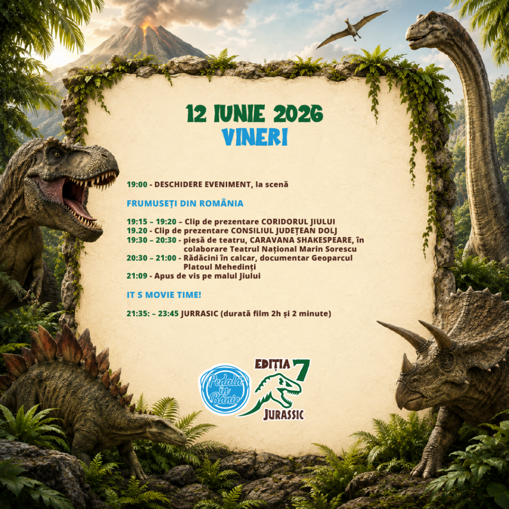 Pedală în Bănie 2026: trei zile de sport, concerte, filme în aer liber și aventuri Jurassic pe malul Jiului
