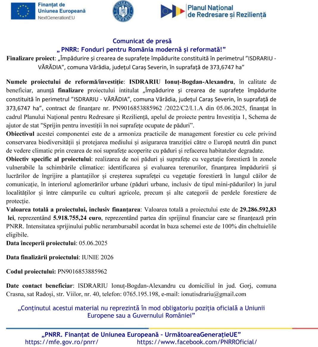 Finalizare proiect: „Împădurire și crearea de suprafețe împădurite constituită în perimetrul ”ISDRARIU - VĂRĂDIA”,