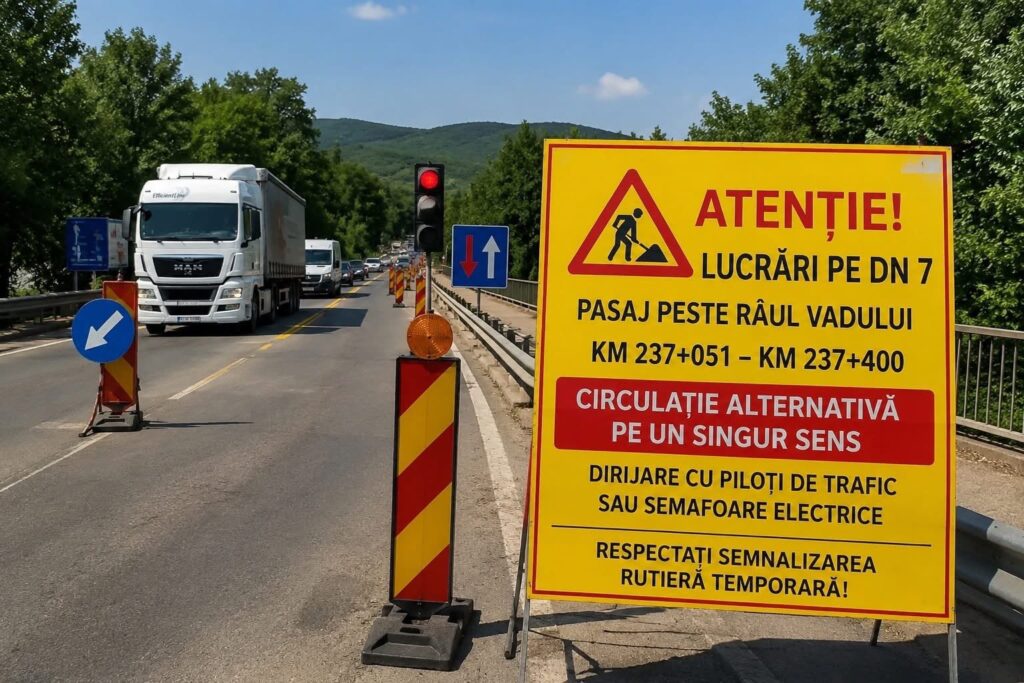 Restricţii de trafic pe DN 7, în judeţul Vâlcea, pentru lucrări de întreţinere periodică la pasajul peste Râul Vadului