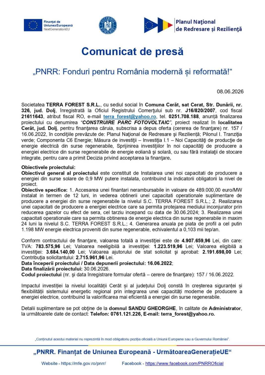 Finalizarea proiect „CONSTRUIRE PARC FOTOVOLTAIC“, proiect realizat în localitatea Cerăt