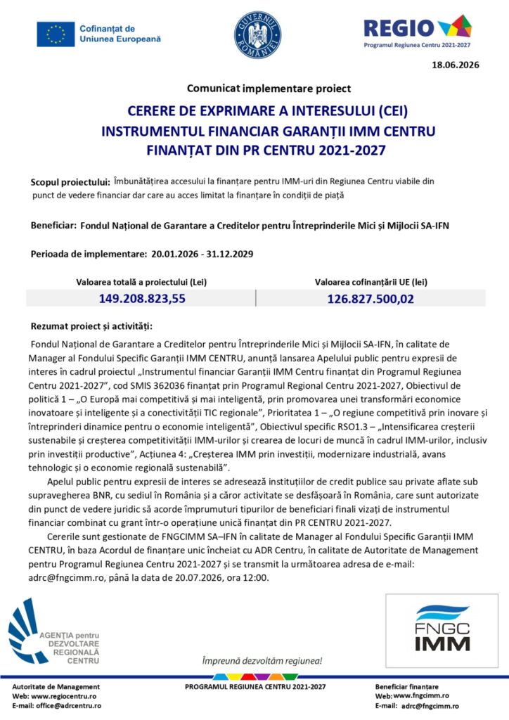 CERERE DE EXPRIMARE A INTERESULUI (CEI) /Instrumentul Financiar „Garanție de portofoliu plafonată combinată cu grant într-o operațiune unică”