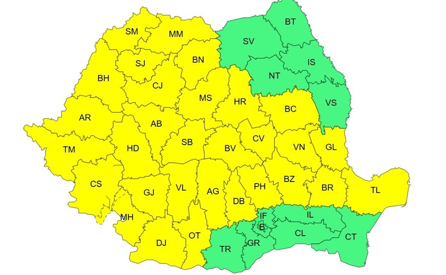 Cod galben de ploi torențiale și vijelii în aproape toată ţara