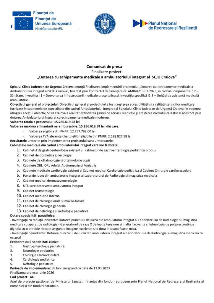 Finalizare proiect: „Dotarea cu echipamente medicale a ambulatoriului integrat al SCJU Craiova”