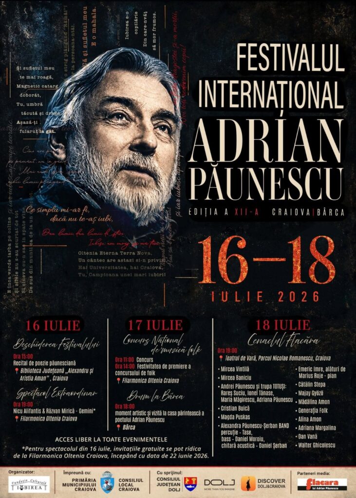 Ediția a XII-a a Festivalului Internațional Adrian Păunescu, în iulie, la Craiova