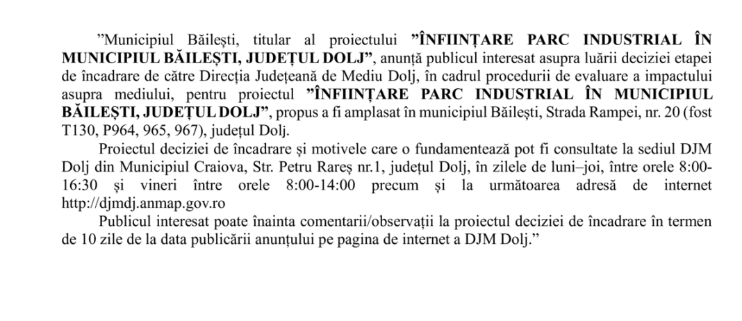 ÎNFIINȚARE PARC INDUSTRIAL ÎN MUNICIPIUL BĂILEȘTI, JUDEȚUL DOLJ