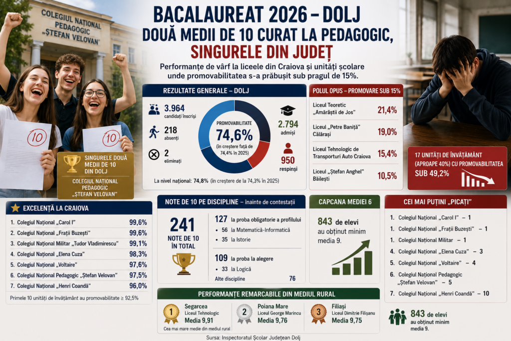 Două medii de 10 la Pedagogic, dar și licee unde 9 din 10 elevi au picat: radiografia Bacalaureatului 2026 în Dolj